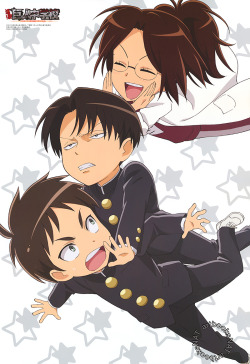 artbooksnat:  Attack on Titan: Junior High (進撃！巨人中学校) More light-hearted antics from Eren and Levi in Attack on Titan: Junior High, subject to Hanji’s approval. New poster art appears in the December issue of PASH! Magazine (Amazon