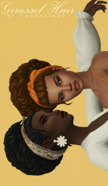 candysims4:candysims4:GIRASSOL HAIR A curly hairstyle with a huge bun and some loose strands, a