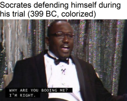 fakehistory:  Socrates defending himself during his trial (399 BC, colorized)