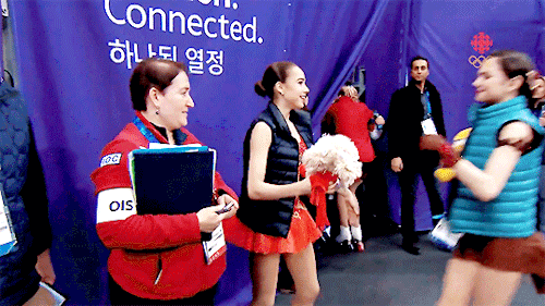 incandescentlysilver:Evgenia Medvedeva shares a hug with her training mate Alina Zagitova before the