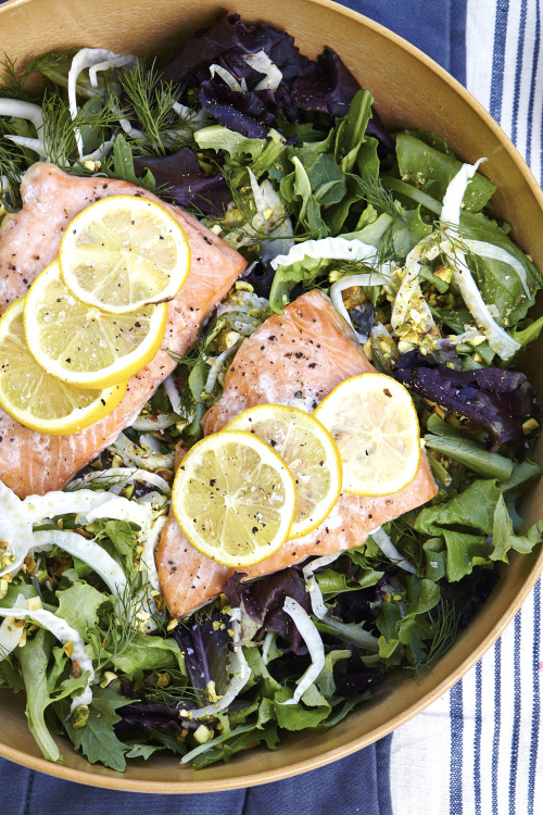 gastronomicgoodies:Salmon Salad with Roasted Golden Beets, Avocado and Baby Kale