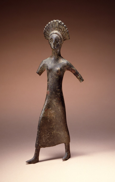 ancientpeoples:Striding Female Figure, bronze, 8 in highEtruscan, Umbria, Central Italy, 5th century