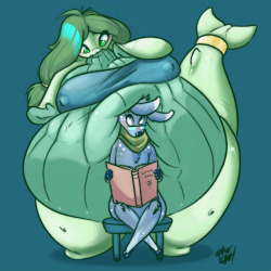 ghostbellies:  Whatcha readin?’…she tries to peek over her shoulder but…well… Commission for the awesome ThisisanUncreativeName! Debbie and S are reading…well. Debbie is kind of reading. S is kind of  trying to find out what’s being read but