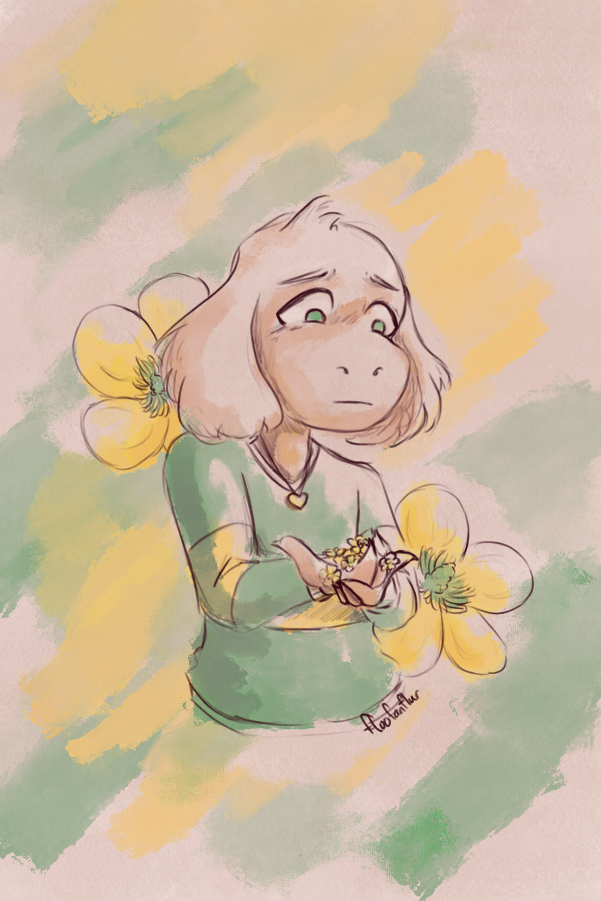 An image of Asriel, cupping buttercups in his hands with a concerned look on his face.