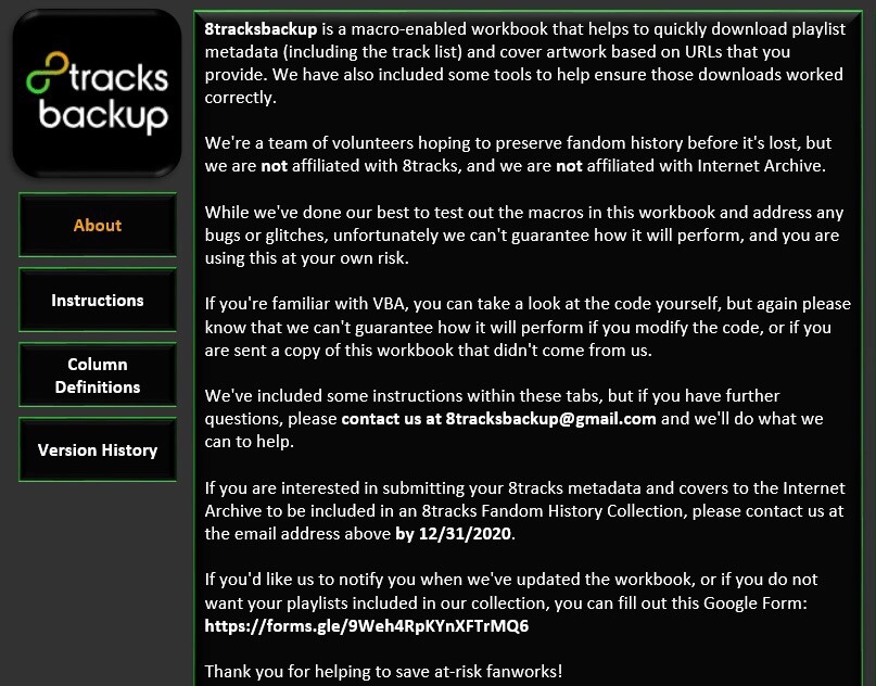 A screencap of the download with 8tracks Backup in the lefthand corner and below it the tabs About, Instructions, Column Definitions, and Version History. The About tab is open; text captioned below.