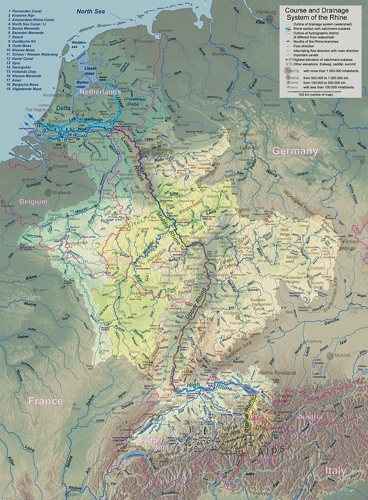 Topographic map of the Rhine river watershed - Maps on the Web