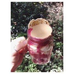 {5 bananas layered with raspberry ‘sorbet’