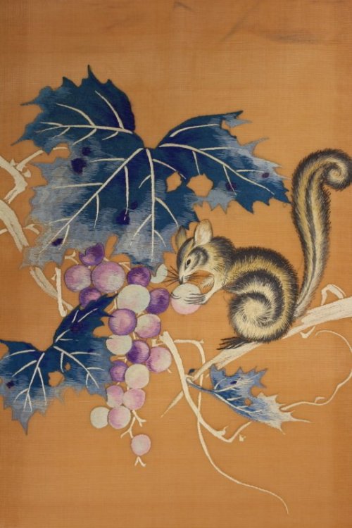 Impressive embroidered antique obi (seen on), showing a squirrel munching on juicy grapes