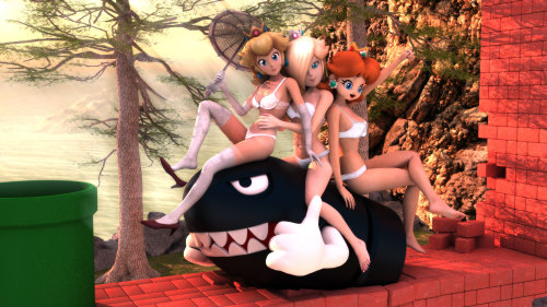 darklordiiid:    Here we have the lovely ladies from the Mushroom Kingdom showing their stuff on top of a (incredibly happy) Banzai Bill. This has to be one of the single most frustrating pictures I’ve ever done. For starters the render for all four