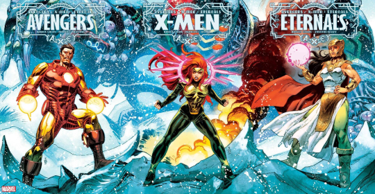 Salvador Larroca connecting covers for A.X.E.: Avengers #1, A.X.E.: X-Men #1, and A.X.E.: Eternals #1 via Marvel Comics