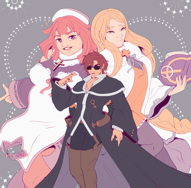 Priere, Alouette, and Croix from La Pucelle. Croix stands with his sunglasses on, shirt unbuttoned low, and holy symbol dangling down. He has a smirk on his face and a cigarette in his right hand. Behind him, superimposed, are Priere and Alouette. They stand back to back. Priere is smiling happily, making a finger gun with her visible hand and looking towards the viewer. Alouette looks far more melancholy, lips tightly pressed together and the holy book in her hand. Her attention is on the holy book. Croix's eyes are difficult to see due to his sunglasses, but he is also looking forward at the viewer.