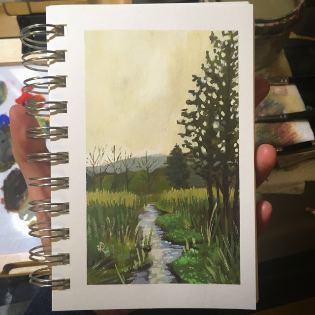 a painting of a stream in a marsh.