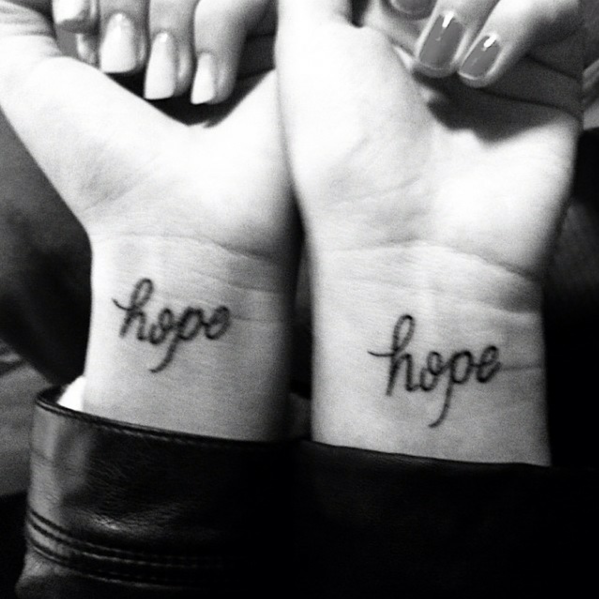 Little Tattoos — Little wrist tattoos saying “Hope” on Lena.