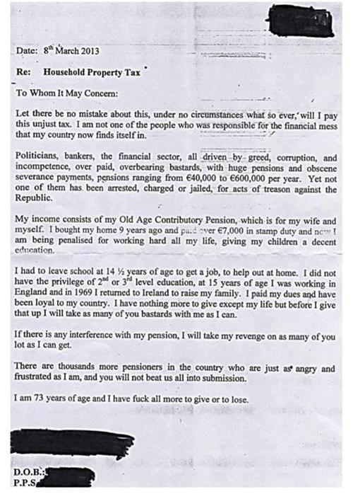 Carta de un pensionista irlandés a la Hacienda Irlandesa