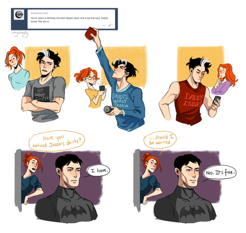 inkydandy: Meanwhile, Dick is making a shirt that says “Daddy’s Favorite Superhero” and Damian is ha