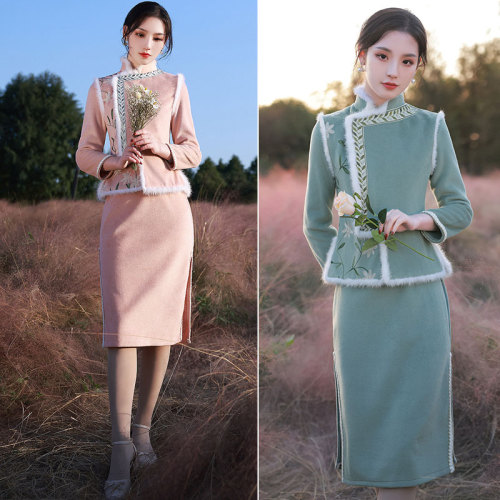 Wool Blend Two Piece Cheongsam Dress and Waistcoat