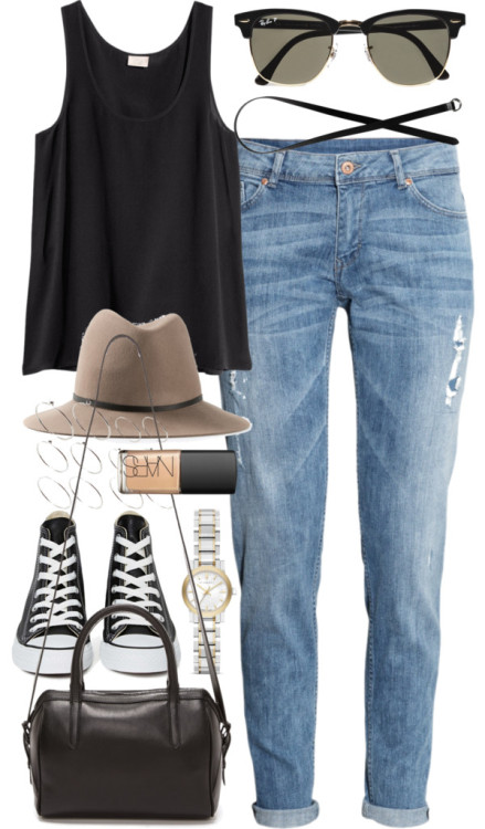 styleselection:  Outfit for a casual date by ferned featuring a floppy hatH M silk tank top, 22 AUD / H&M skinny leg jeans, 33 AUD / Converse white sneaker, 97 AUD / Reece Hudson Bowery Small Duffel Bag, 1 110 AUD / Burberry two tone watch, 830 AUD