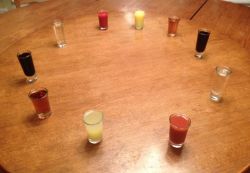 scotland-graveyard:  eyress:  I CHALLENGE YOU TO A BATTLE OF WITS The game is this: I set up five pairs of identical looking shots:  pineapple juice or lemon juice,  Chinese sugar tea or apple cider vinegar,  flat coke or soy sauce,  water or distilled