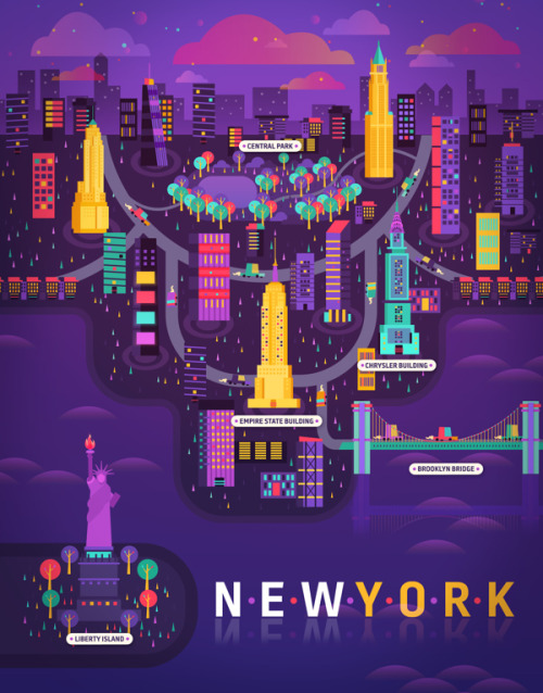 jedavu:  Colorful, Well-Composed Illustrations Of NYC & Other Cities by based in Mexico, illustrator Aldo Crusher
