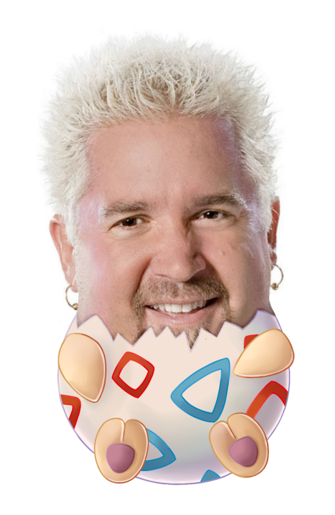 This is Guy Fieri as Togepi from the Pokémon series of video games. This egg-shaped pokémon seems as