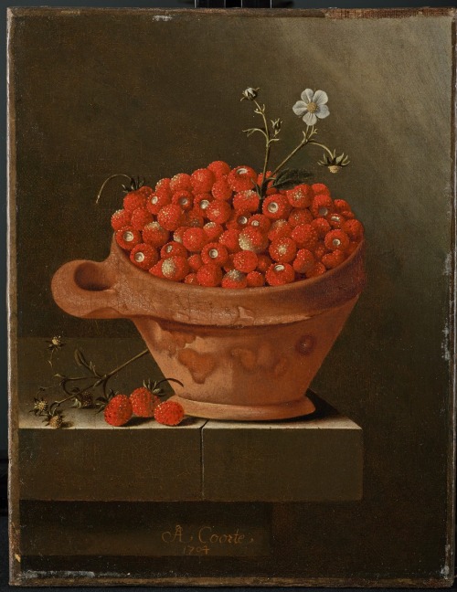 amare-habeo:Adriaen Coorte (Dutch, 1665-1707)Still life with strawberries (Stillleben mit Erdbeeren)
