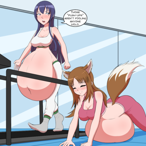 For their sponsored pin-up this month, Fluttershout requested Saeko  Busujima and Holo the Wise Wolf working off some of their recently  acquired bellies at the gym, though it appears Holo is trying to cheat  the system.