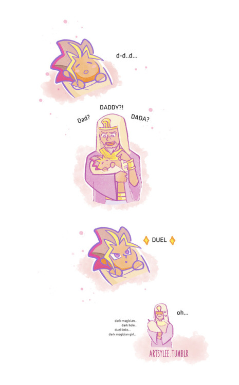 yugihell: artsylee:  Based off of this text post (lol)…Baby Atem: D-d-d-d-d-Aknamkanon: Dad?Baby Atem: DUEL! [x]Bonus…  