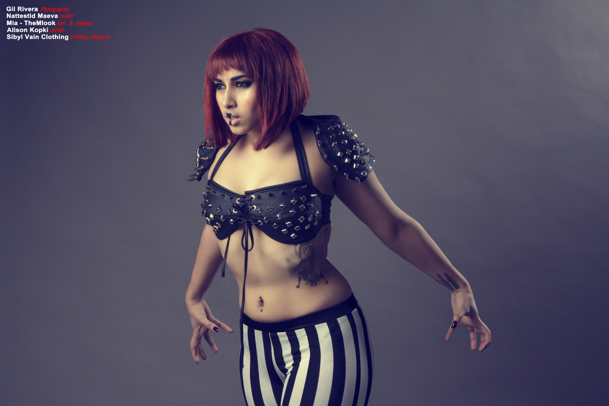 sibylvainclothing:  Nattestid rockin Sibyl Vain studded bralet and striped leggings