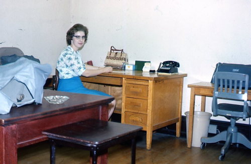 Frederick MD, Carolyn at desk, last day August 20, 1965