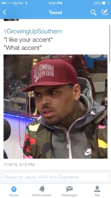 robregal:  zumainthyfuture:  applewhiskeyandmilk:  thecoldestwynterever:  I’m the one saying “ I like your accent ”  “I don’t have an accent” -my Texan ass.  #FromNYLivingDownSouth   When I moved to NYC. SMH. 