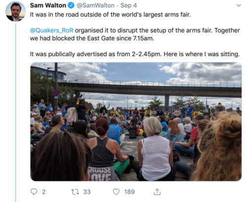 quakerism:Twitter thread by peace activist Sam Walton about police response to British Quakers prote