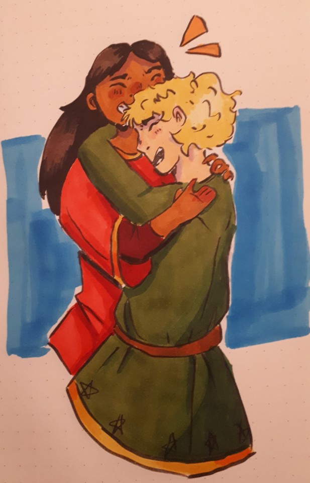 A pen and marker drawing of jenna and septimus hugging. They both have their eyes shut and are laughing hard. The image is very warm-toned