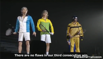 stainedcherryblossom:These two dorks making fun and impersonating Rikkai’s players! Atobe and Shirai