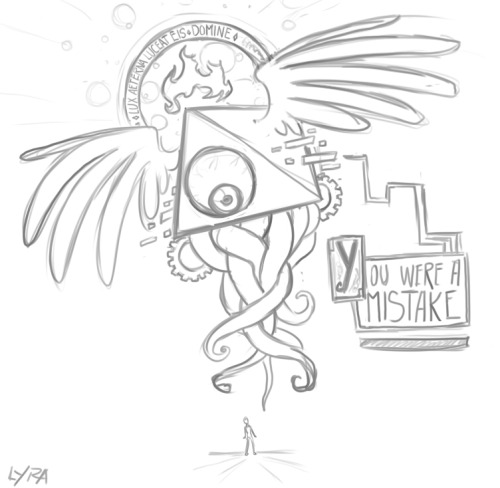 robotlyra:I have a kind of antagonistic relationship with religion due to my Roman Catholic upbringing, so whenever I draw divinity in the JudeoChristian sense, they tend to be kind of a dick. This is the Monad, and the Demiourgos, which are both aspects