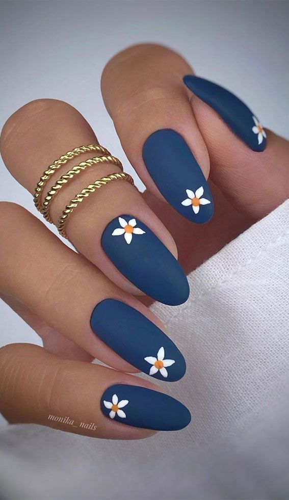 45 Best Fall Nail Ideas 2021 : Daisy on Matte Navy Blue Nails #blue #blue #felix #felixbluehair #hair #halsey #halseybluehair