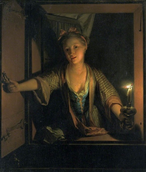 jeroendstoutart:A Girl at the Window, Godfried Schalcken (1643—1706)