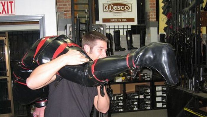 bold-gay:  redskinbd:  Leaving the store with his new slave packed in a rubber sleepsack.