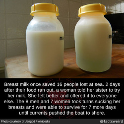 mindblowingfactz:Breast milk once saved 16 people lost at sea. 2 days after their food ran out, a woman told her sister to try her milk. She felt better and offered it to everyone else. The 8 men and 7 women took turns sucking her breasts and were able