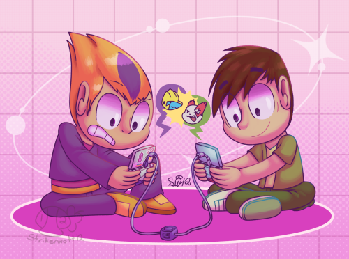 A drawing of Odd and Ulrich from Code Lyoko sitting down and playing Pokemon Ruby and Sapphire together, with their Gameboy Advance SPs linked up with a GBA Link Cable. A smiling Ulrich has a Pearl Blue GBA SP, while Odd, just figuring out how to strike next in the Pokemon battle, has a Silver GBA SP with stickers plastered on the cover as well (More specifically, a rainbow, a 2000's style cat, a 2000's styled face with tongue sticking out, and the cool S). There are also colored bubbles that show which Pokemon they're using. The purple bubble shows Odd is using a Manectric, while the green bubbles shows Ulrich is using a Zangoose. They're also behind a Y2k/frutiger aero-styled pink background, complete with gradients, halftones, and a ring with dots and sparkles. The ground is also hot pink with a pinkish white border around it.