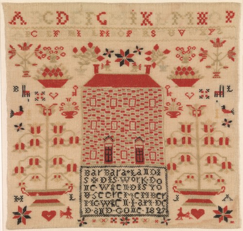 SamplerBarbara Landis (1818-1864), Lancaster County, Pennsylvania. Wool on linen, embroidered. 1827.