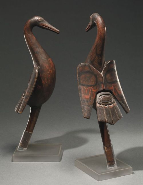 virtual-artifacts:Pair of Haida Polychromed Wood Shaman’s Rattleseach in the form of a bird in fligh