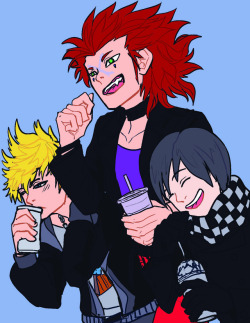 anomymoose:  They are definitely late to work. an addition While Roxas isn’t alive until he’s had coffee and Xion doesn’t drink coffee, Axel is a little basic.