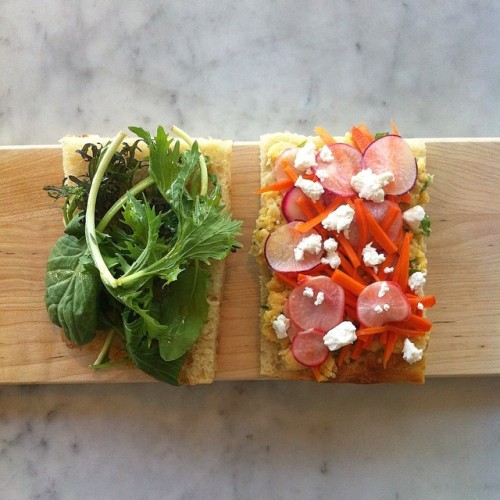 Chickpea Mash / Pickled Radish + Carrot / Feta / Greens on Focaccia