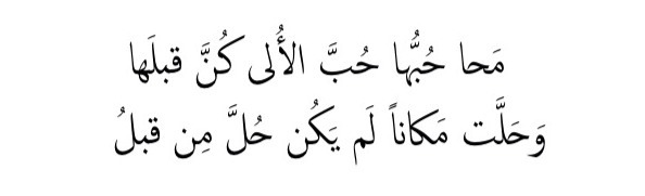 warag-3nb:
“ مَحا حُبُّها حُبَّ الأُلى كُنَّ قبلَها
وَحَلَّت مَكاناً لَم يَكُن حُلَّ مِن قبلُ
- قيس بن الملوح (مجنون ليلى)
translation :
Her love erased all those who came before ..
And she took a place no one had ever taken (in my heart)
”