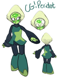 jerge:  my lil take on crystal gem peridot!  wanted to keep the general silhouette of the armor (like with the fanning sleeves) but have it be more flowy haha. her shoes are still probably robotic in a way (old habits die hard, yknow?) [here’s a couple