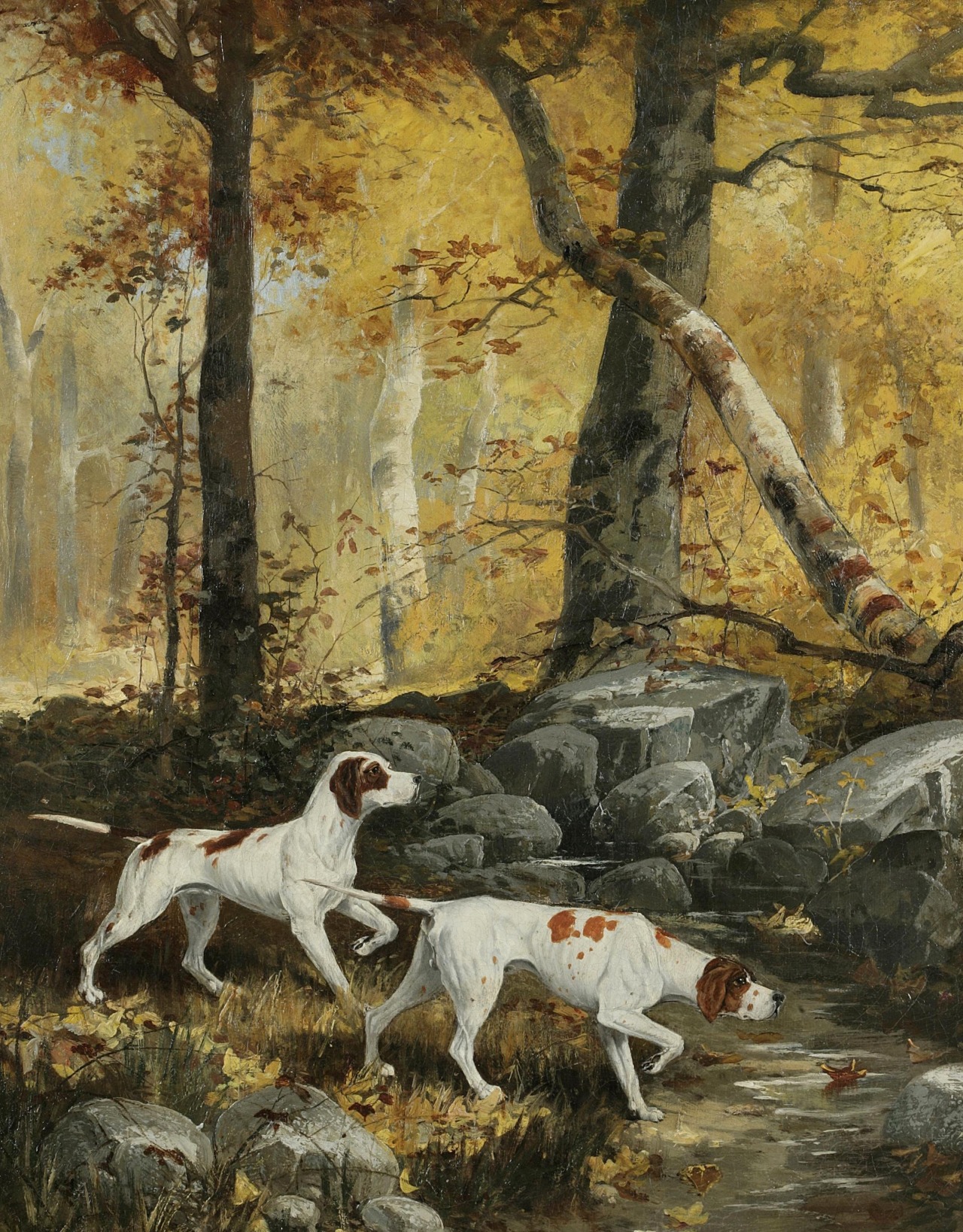 Two English Pointers crossing a creek - A. Emile Prinz - 19th c. - via Bonhams