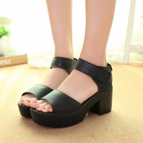 lifeisreallynoteasy: Leather Strappy Chunky Heel Piscine Mouth Sandals Mesh Zipper Breathable Platfo