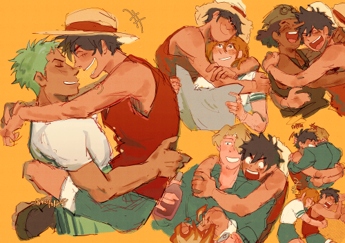 Digital collage fanart of One Piece (animanga), in color. At the far left is a profile view of Luffy snugly clinging to Zoro with his legs wrapped around his waist and his arms resting against his shoulders. He has a bright close eyed smile, mouth wide. Zoro is also grinning with his eyes closed, baring a bit of his teeth. He has his left hand at Luffy’s back, holding him. On the top right of the canvas is Luffy hugging Nami from the side with his head resting against the top of her head, smiling. Nami has a map in her hands, but she glances up at Luffy with a shy smile. Next to them is Luffy and Usopp hugging each other energetically, both with wide smiles and eyes closed, as though laughing together. At the bottom is Luffy hugging Sanji while he’s cooking, both of Luffy’s arms around Sanji’s shoulders, looking in awe. Sanji has a confident grin on his face. Next to this are smaller versions; Luffy and Sanji sharing a mutual hug and Nami hugging Luffy from behind as they both nap.
