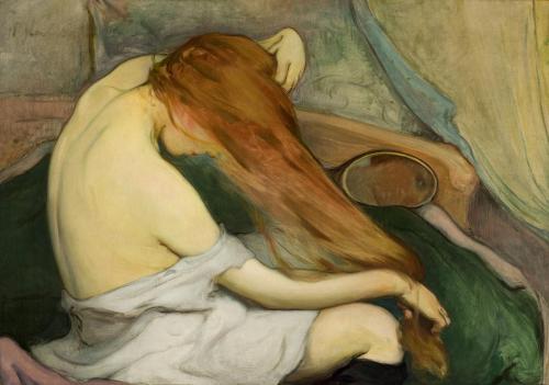 amare-habeo:Wladyslaw Slewinski  (Polish, 1856 – 1918)Woman combing her hair (Femme peignant ses che