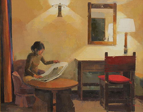 The Newspaper  -   Keiko OgawaJapanese,b.1974-Acrylic on canvas, 73 x 92 cm